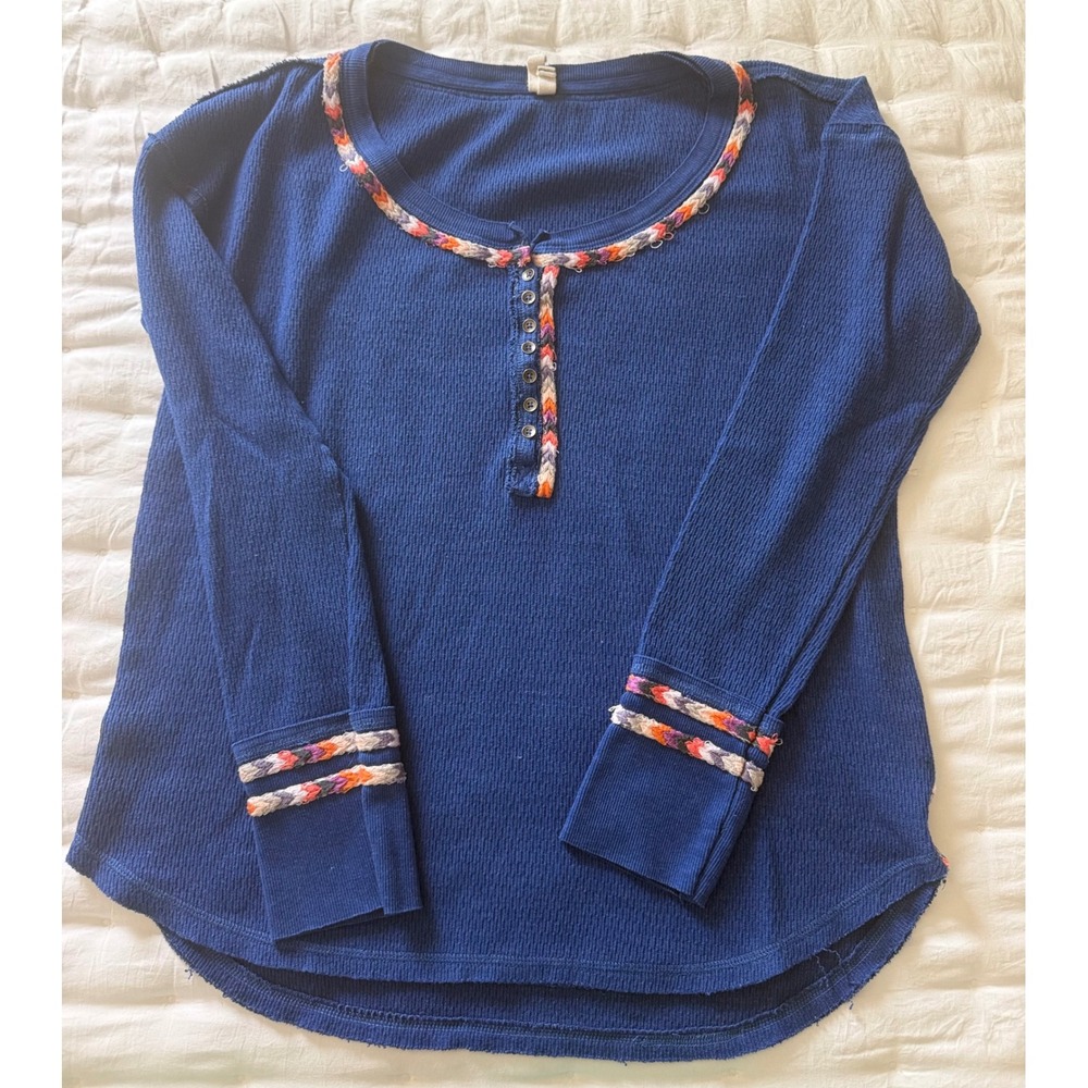 We The Free Free People Blue Waffle Knit Braided Trim Henley Thermal Top Large